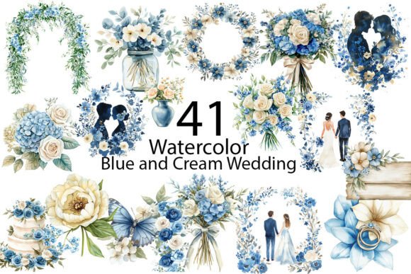 Elegant Blue and Cream Wedding Clipart for Timeless Designs