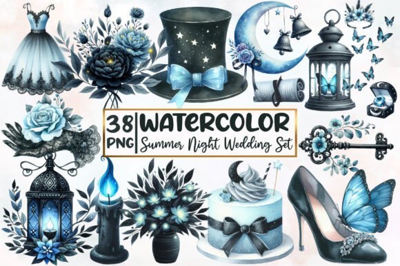 Whimsical Summer Night Wedding Set: Creative Design Assets